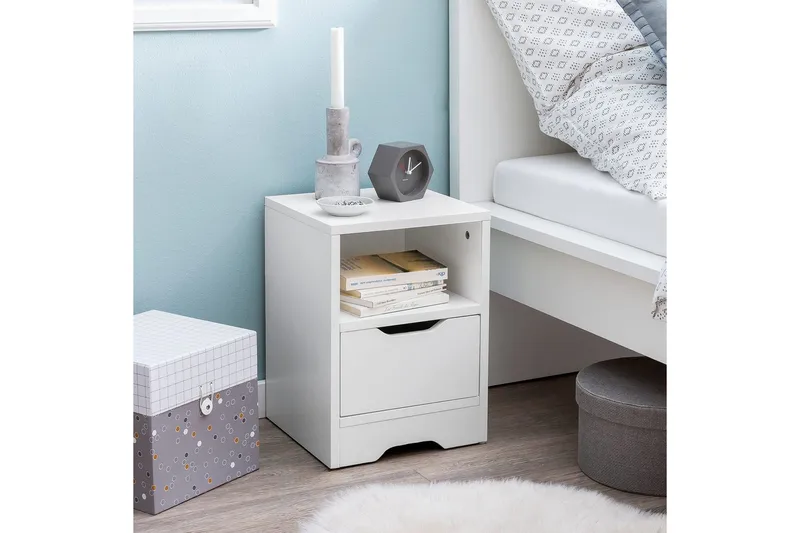 Sängbord Wohnling Vit med 1 låda Enkel modern design och hylla - Möbler - Sovrum - Sängbord