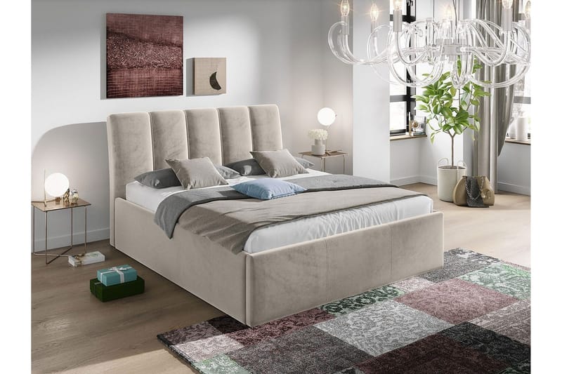 Aviemore Sängram 140x200 cm i Sammet med Sänggavel och Förvaring - Beige - Möbler - Sovrum - Sängram & sängstomme