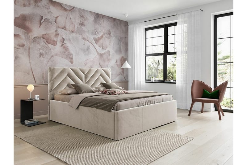 Derry Sängram med Förvaring 160x200 cm i Sammet med Sänggavel - Beige - Möbler - Sovrum - Sängram & sängstomme