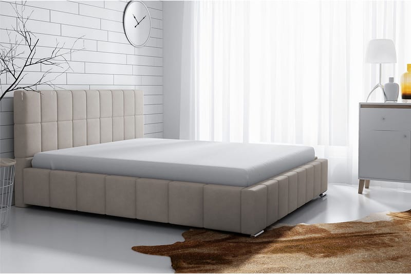 Elverum Komplett Sängpaket 160x200 cm i Tyg med Förvaring och Sänggavel + Bäddmadrass - Beige - Möbler - Sovrum - Sängram & sängstomme