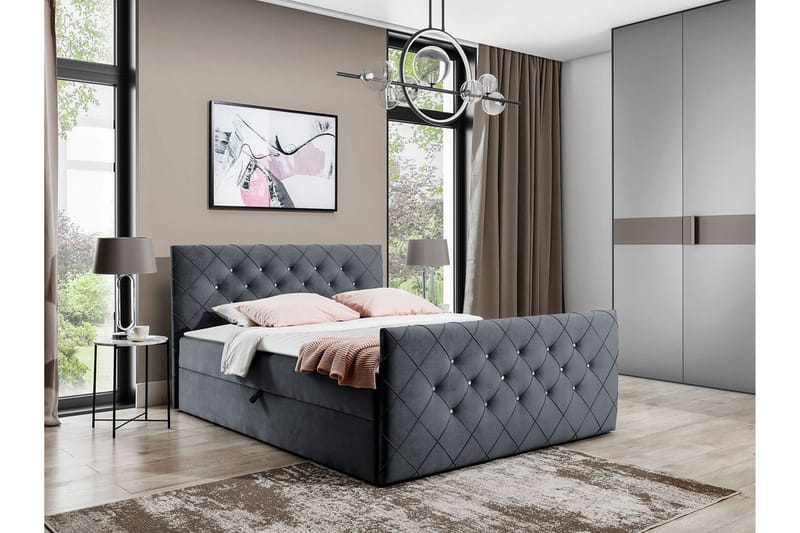 Hattie Komplett Sängpaket 200x200 cm med Sänggavel + Bäddmadrass med Fasthetsgrad Medium - Grå - Möbler - Sovrum - Sängram & sängstomme