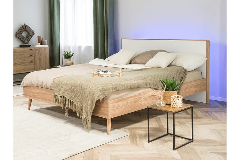 LEAFERST Dubbelsäng med LED 180x200 Trä/Natur - Möbler - Sovrum - Sängram & sängstomme