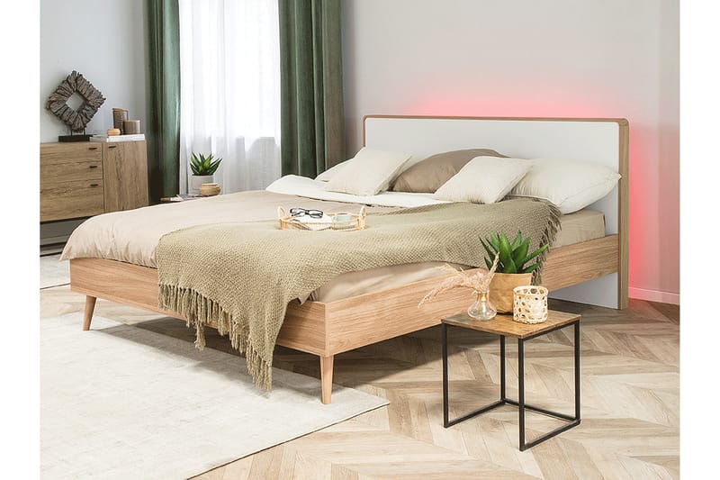 LEAFERST Dubbelsäng med LED 180x200 Trä/Natur - Möbler - Sovrum - Sängram & sängstomme