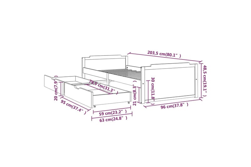 Sängram med lådor vit massiv furu 90x200 cm - Vit - Sängram & sängstomme