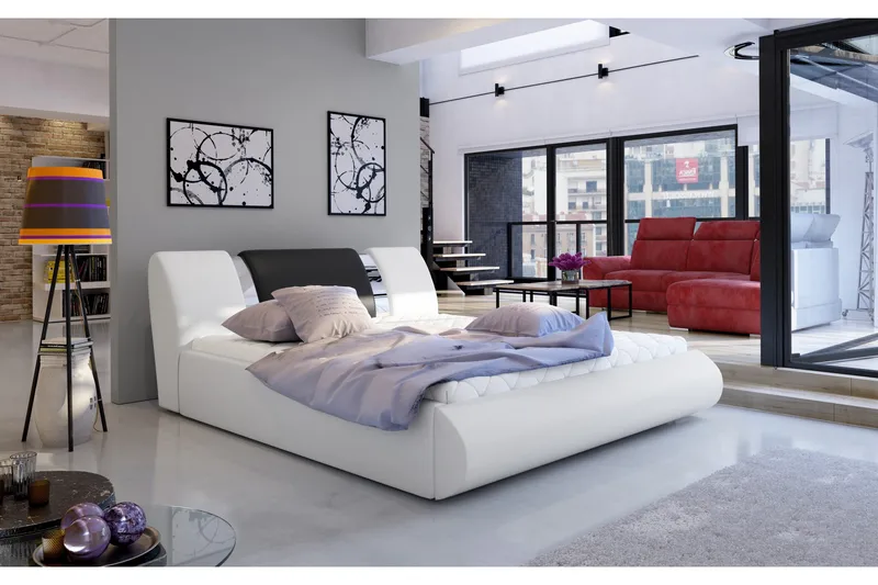 Perow Komplett Sängpaket 180x200 cm i Läder med Sänggavel + Bäddmadrass, Vit|Svart