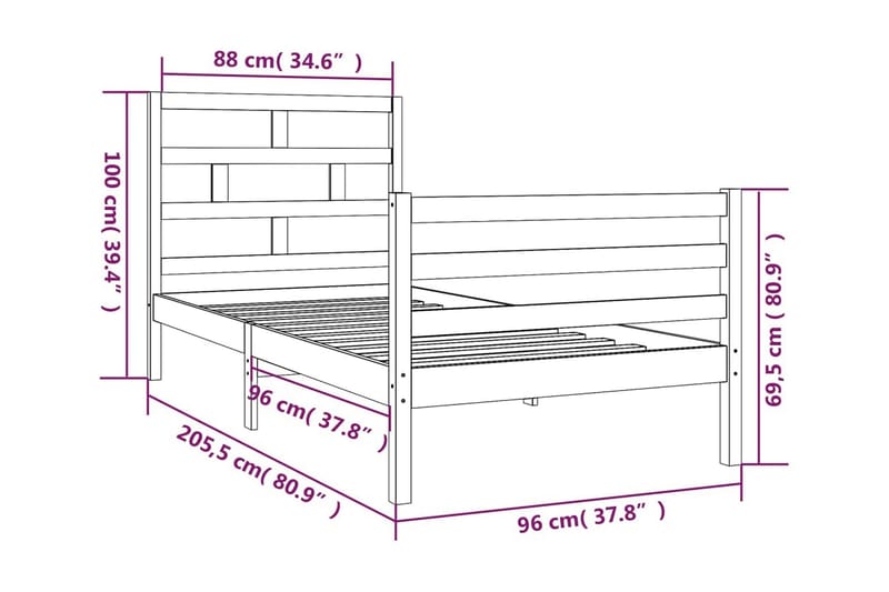 Sängram grå massivt furu 90x200 cm enkelsäng - Grå - Sängram & sängstomme
