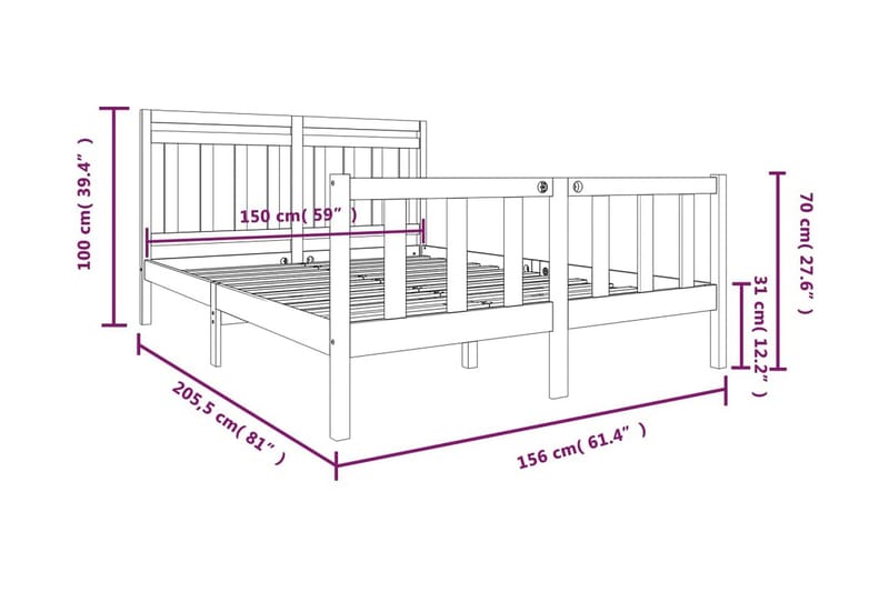 Sängram grå massivt trä 150x200 cm - Grå - Sängram & sängstomme