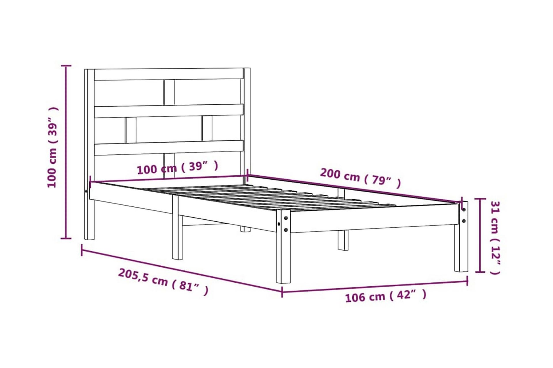 Sängram massiv furu 100x200 cm enkelsäng - Brun - Möbler - Sovrum - Sängram & sängstomme