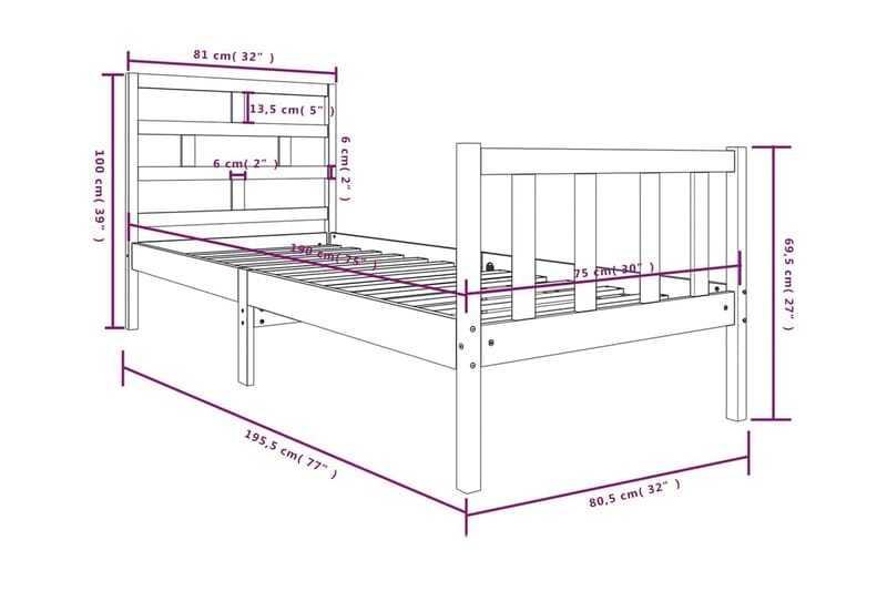 Sängram massiv furu 75x190 cm liten enkelsäng - Brun - Möbler - Sovrum - Sängram & sängstomme