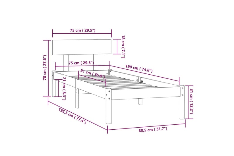 Sängram massiv furu 75x190 cm - Vit - Möbler - Sovrum - Sängram & sängstomme
