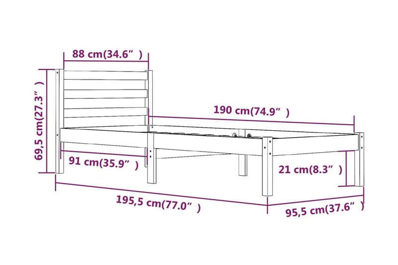 Sängram massiv furu 90x190 cm vit 3FT - Vit - Sängram & sängstomme