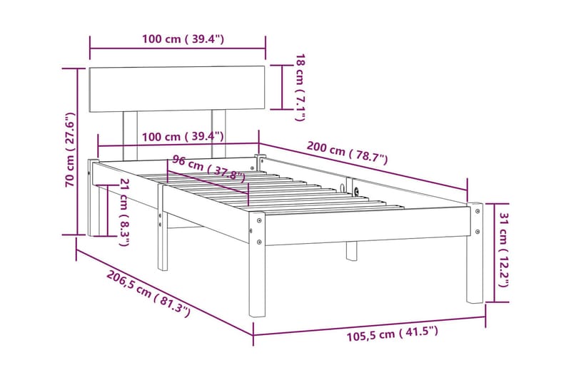 Sängram svart massiv furu 100x200 cm - Svart - Sängram & sängstomme