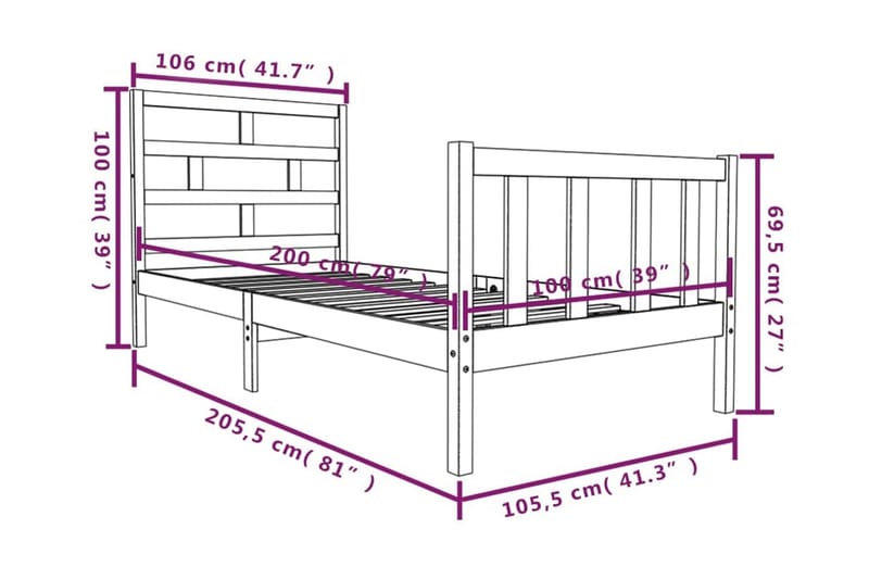 Sängram svart massivt furu 100x200 cm enkelsäng - Svart - Möbler - Sovrum - Sängram & sängstomme