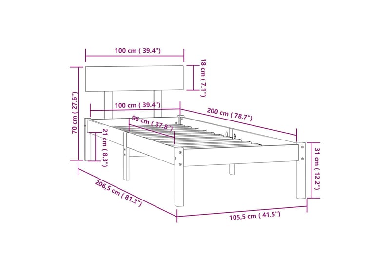 Sängram vit massiv furu 100x200 cm - Vit - Möbler - Sovrum - Sängram & sängstomme