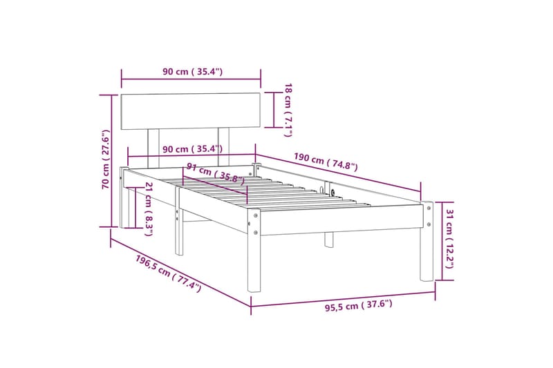 Sängram vit massiv furu 90x190 cm - Vit - Möbler - Sovrum - Sängram & sängstomme