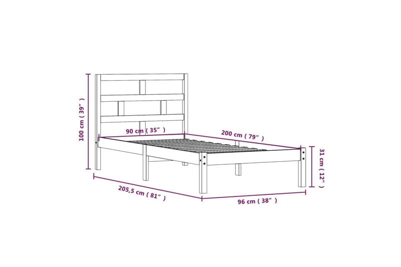 Sängram vit massiv furu 90x200 cm - Vit - Möbler - Sovrum - Sängram & sängstomme