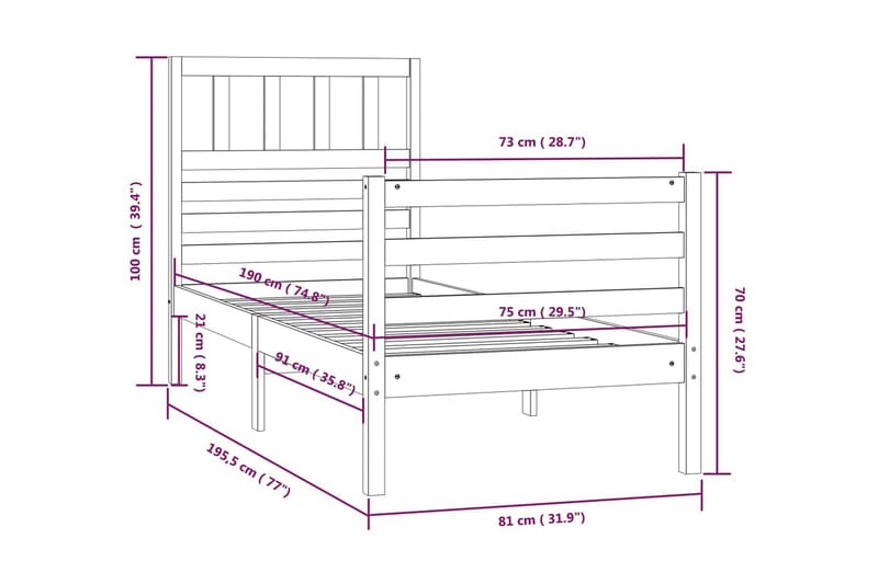 Sängram vit massivt trä 75x190 cm liten enkelsäng - Vit - Möbler - Sovrum - Sängram & sängstomme