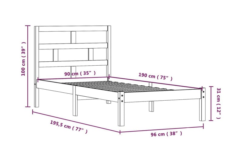 Sängram vit massivt trä 90x190 cm enkelsäng - Vit - Möbler - Sovrum - Sängram & sängstomme