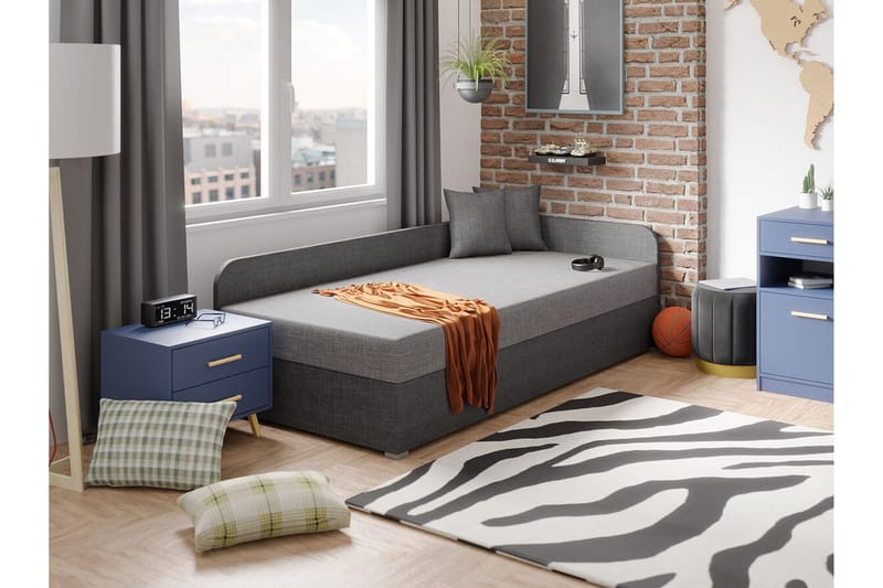 Unona Sängram 90x200 cm i Tyg med Förvaring + Sänggavel - Grå - Möbler - Sovrum - Sängram & sängstomme