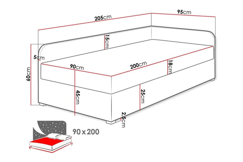 Unona Sängram 90x200 cm i Tyg med Förvaring + Sänggavel - Grå - Möbler - Sovrum - Sängram & sängstomme