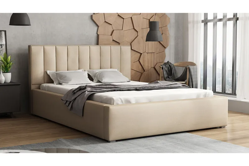 Valasco Sängram med Förvaring 120x200 cm i Tyg med Sänggavel - Beige - Möbler - Sovrum - Sängram & sängstomme