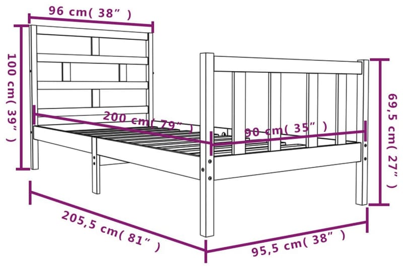 Sängram vit massivt furu 90x200 cm - Vit - Möbler - Sovrum - Sängram & sängstomme