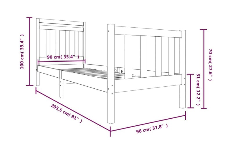 Sängram vit massivt trä 90x200 cm - Vit - Sängram & sängstomme