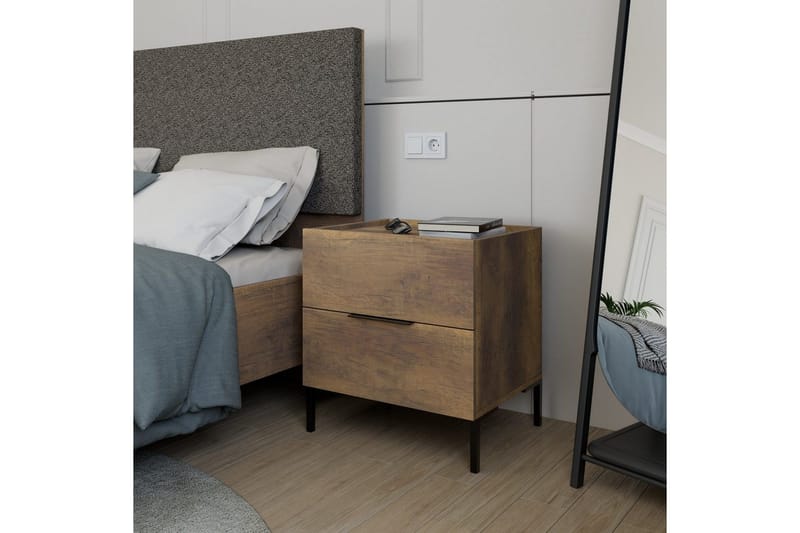Serene Sängbord 55 cm med Trä- och Valnötsutseende, Förvaring med Lådor - Valnötsbrun - Möbler - Sovrum - Sängbord