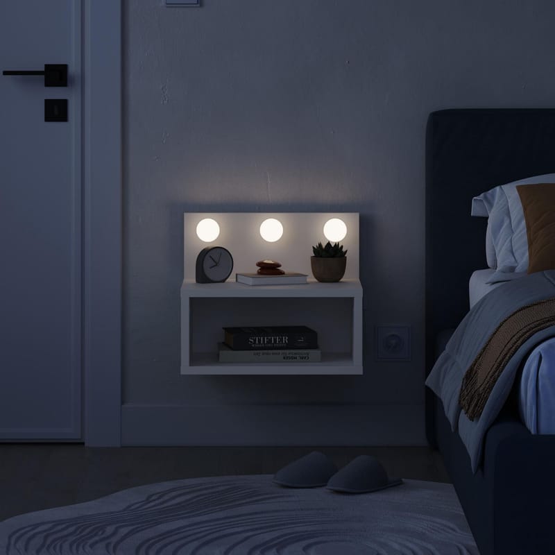 Sumira Vägghängt Sängbord 40 cm, Förvaring med Hylla och LED-belysning - Vit - Möbler - Sovrum - Sängbord