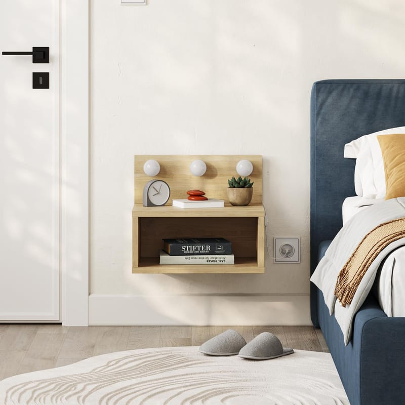 Sumira Vägghängt Sängbord 40 cm med Trä- och Ekutseende, Förvaring med Hylla och LED-belysning - Brun - Möbler - Sovrum - Sängbord