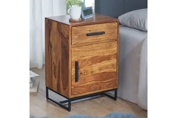 Wohnling Sängbord & Nattduksbord 45 cm i Massivt Sheeshamträ med Valnötsutseende, Förvaring med 3 Lådor och Dörr - Brun - Möbler - Sovrum - Sängbord