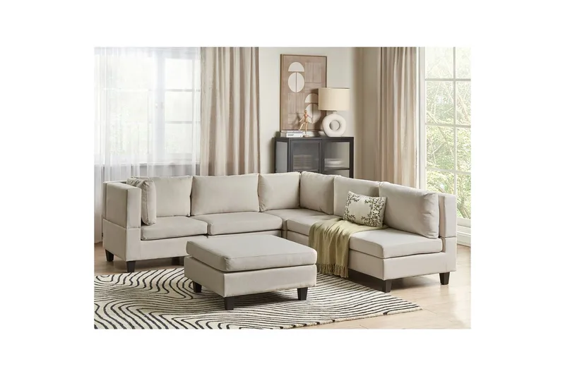 5-sits Hörnsoffa med fotpall Unstad Beige/svart, Högervänd, Polyester - Beige/svart, Högervänd, Polyester - Möbler - Vardagsrum - Soffgrupper