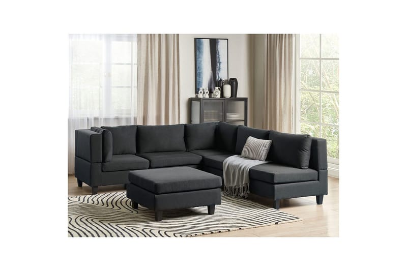 5-sits Hörnsoffa med fotpall Unstad Svart, Högervänd, Polyester - Svart, Högervänd, Polyester - Möbler - Vardagsrum - Soffor - Modulsoffor - Komplett modulsoffa