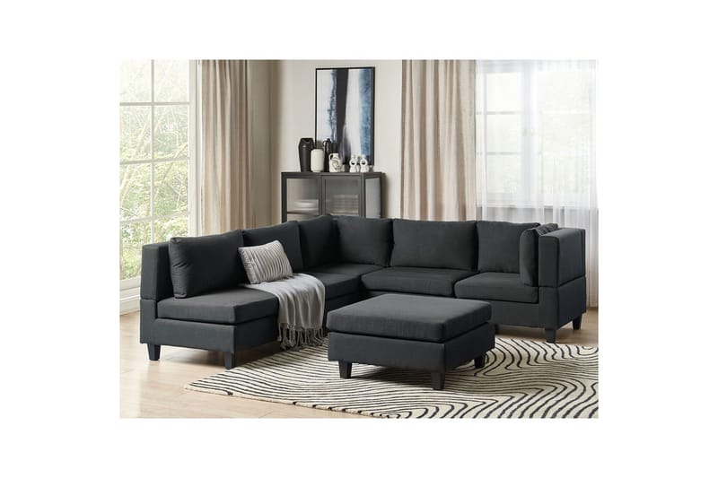 5-sits Hörnsoffa med fotpall Unstad Svart/svart, Vänstervänd, Polyester - Svart/svart, Vänstervänd, Polyester - Möbler - Vardagsrum - Soffor - Modulsoffor - Komplett modulsoffa