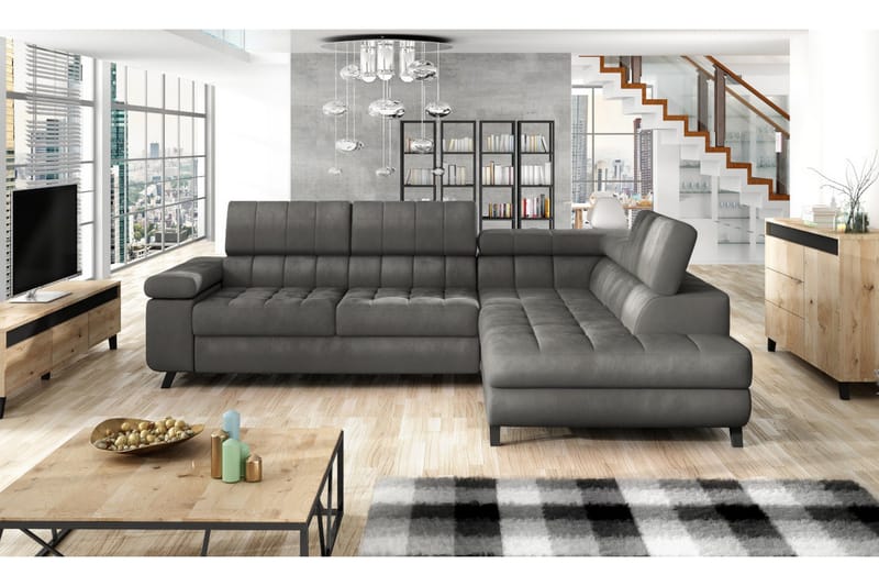 Azoulay Högervänd Bäddsoffa 123x193 cm med Förvaring i Sammet - Grå - Möbler - Vardagsrum - Bäddsoffor