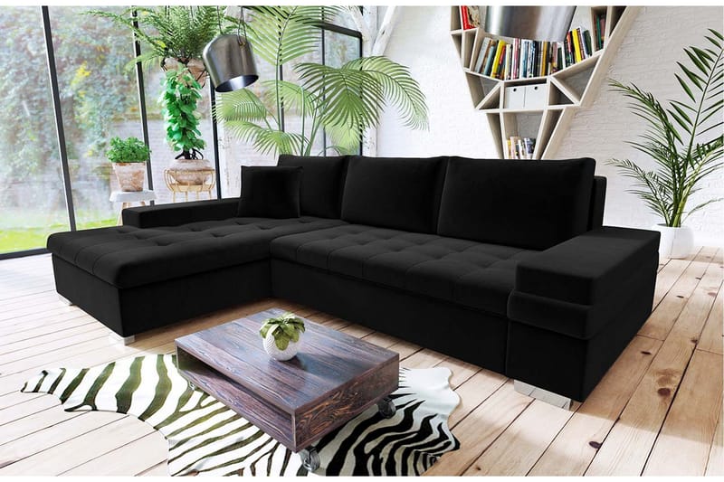 3-sits Vänster L-formad Bäddsoffa med Divan och Förvaring i Tyg - Svart - Möbler - Vardagsrum - Bäddsoffor
