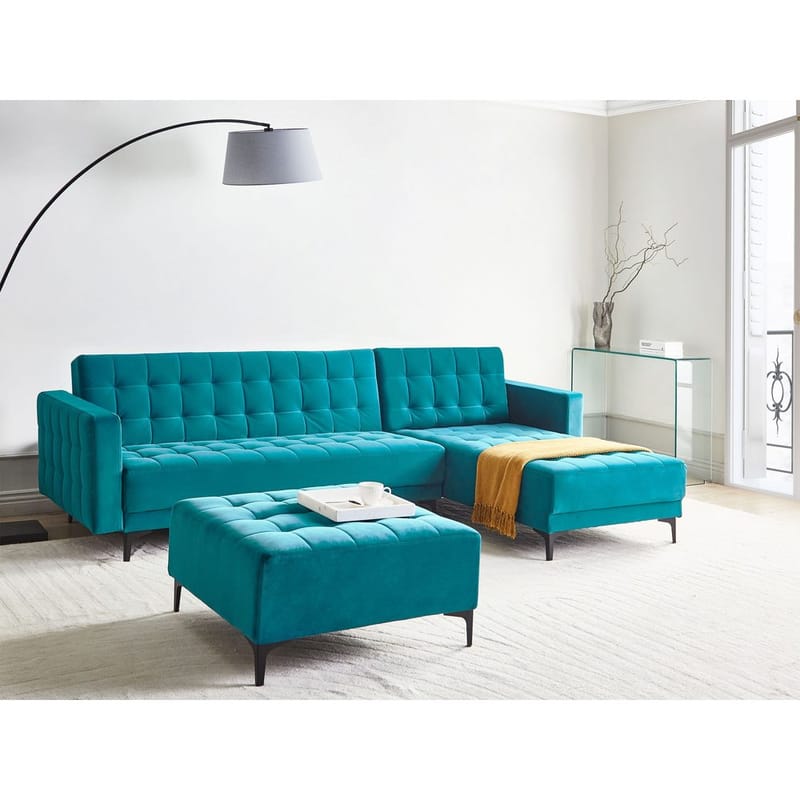 4-sits Hörnsoffa Aberdeen - Havsblå, Svart/Vänstervänd/Sammet - Möbler - Vardagsrum - Bäddsoffor - Hörnbäddsoffa