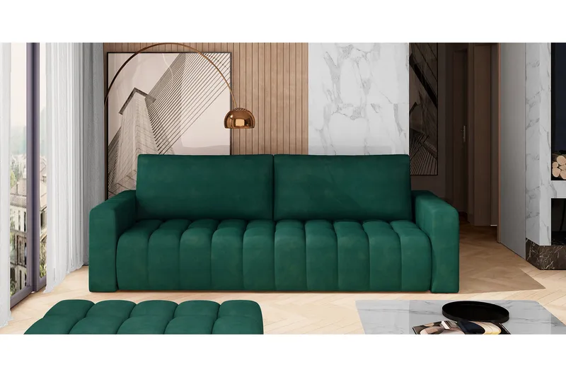 Alazaro 3-sits Bäddsoffa 125x197 cm med Förvaring i Sammet, Grön