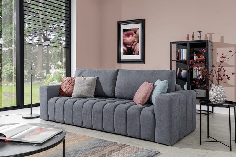 Alazaro 3-sits Längsbäddad Bäddsoffa 125x197 cm med Förvaring i Plysch, Grå