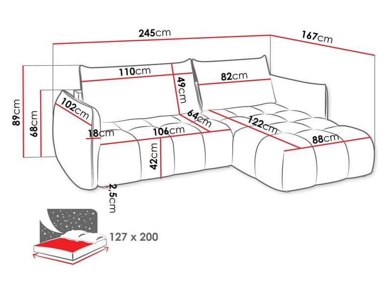 Aldvian 3-sits Bäddsoffa med divan - grå - Möbler - Vardagsrum - Bäddsoffor - Hörnbäddsoffa