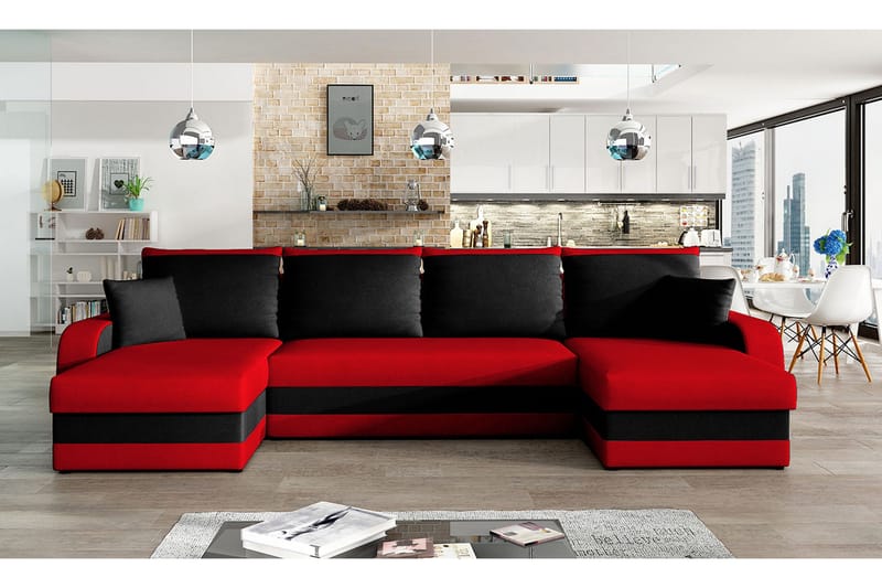 Alvared 4-sits Bäddsoffa med Dubbeldivan med Förvaring - Röd/Svart - Möbler - Vardagsrum - Bäddsoffor - U bäddsoffa