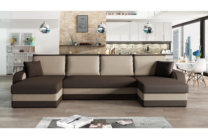 Alvared 4-sits Bäddsoffa med Dubbeldivan med Förvaring - Sammet/Brun/Beige - Möbler - Vardagsrum - Bäddsoffor - U bäddsoffa