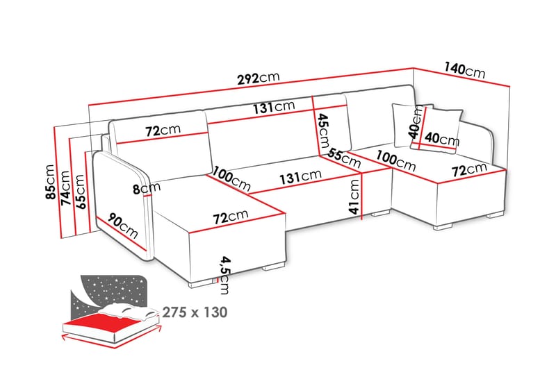 Amelus Bäddsoffa Dubbeldivan 4-sits - Grå - Möbler - Vardagsrum - Bäddsoffor - U bäddsoffa