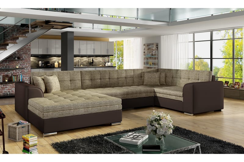 ANTONEZ Bäddsoffa med Dubbeldivan Beige/Brun - Möbler - Vardagsrum - Bäddsoffor - U bäddsoffa