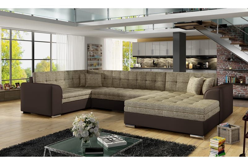 ANTONEZ Bäddsoffa med Dubbeldivan Beige/Brun - Möbler - Vardagsrum - Bäddsoffor - U bäddsoffa