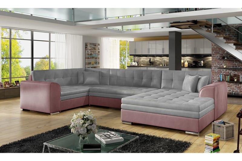 ANTONEZ Bäddsoffa med Dubbeldivan Grå/Rosa - Möbler - Vardagsrum - Bäddsoffor - U bäddsoffa