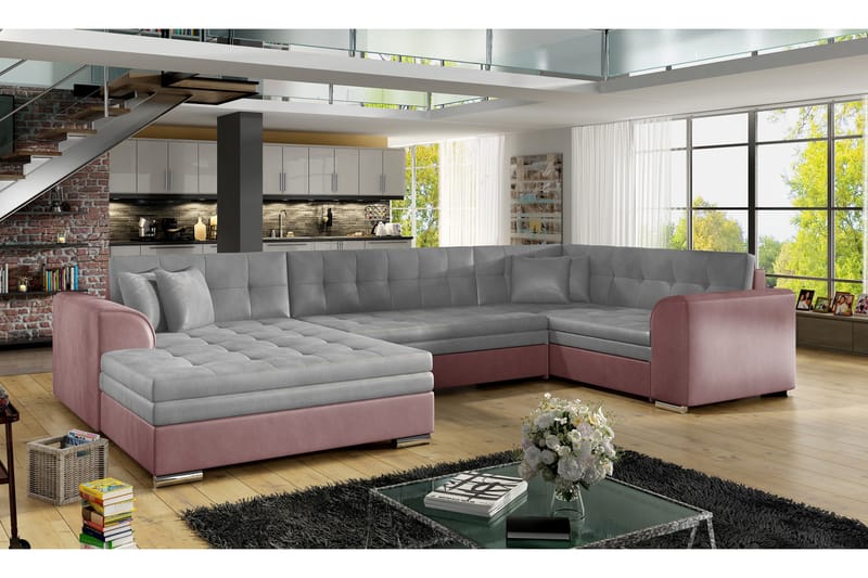 ANTONEZ Bäddsoffa med Dubbeldivan Grå/Rosa - Möbler - Vardagsrum - Bäddsoffor - U bäddsoffa
