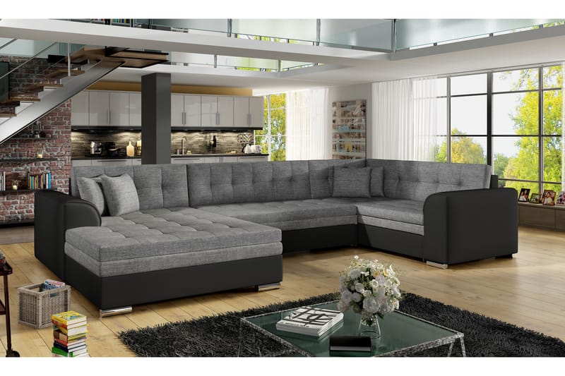 ANTONEZ Bäddsoffa med Dubbeldivan Grå/Svart - Möbler - Vardagsrum - Bäddsoffor - U bäddsoffa