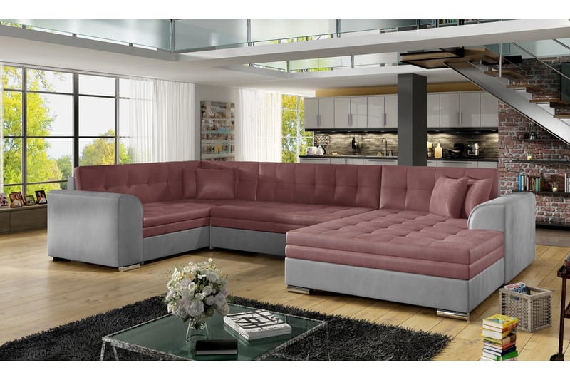 ANTONEZ Bäddsoffa med Dubbeldivan Rosa/Grå - Möbler - Vardagsrum - Bäddsoffor - U bäddsoffa