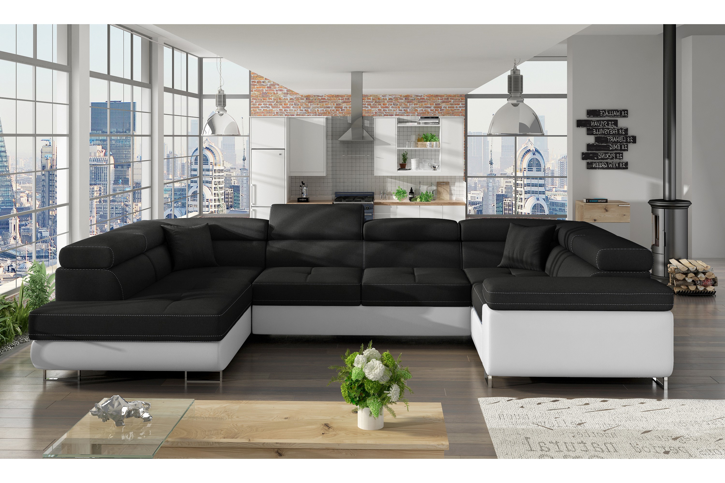 aranzazu hörnbäddsoffa svart/vit -